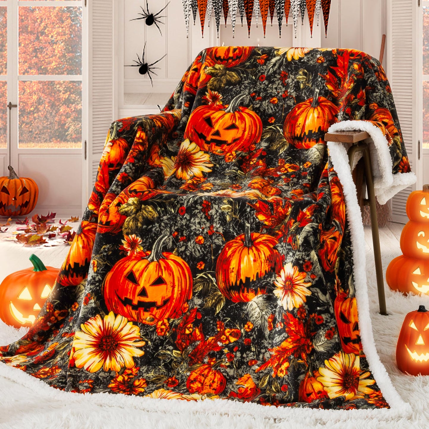 ROMROL Halloween Throw Blanket, Fall Sherpa Throw Blankets, Pumpkin, Leaves Fall Blanket, Soft Fuzzy Plush for Couch Sofa or Bed, Warm Flannel Blanket for Halloween Fall Decor (50" x 60")