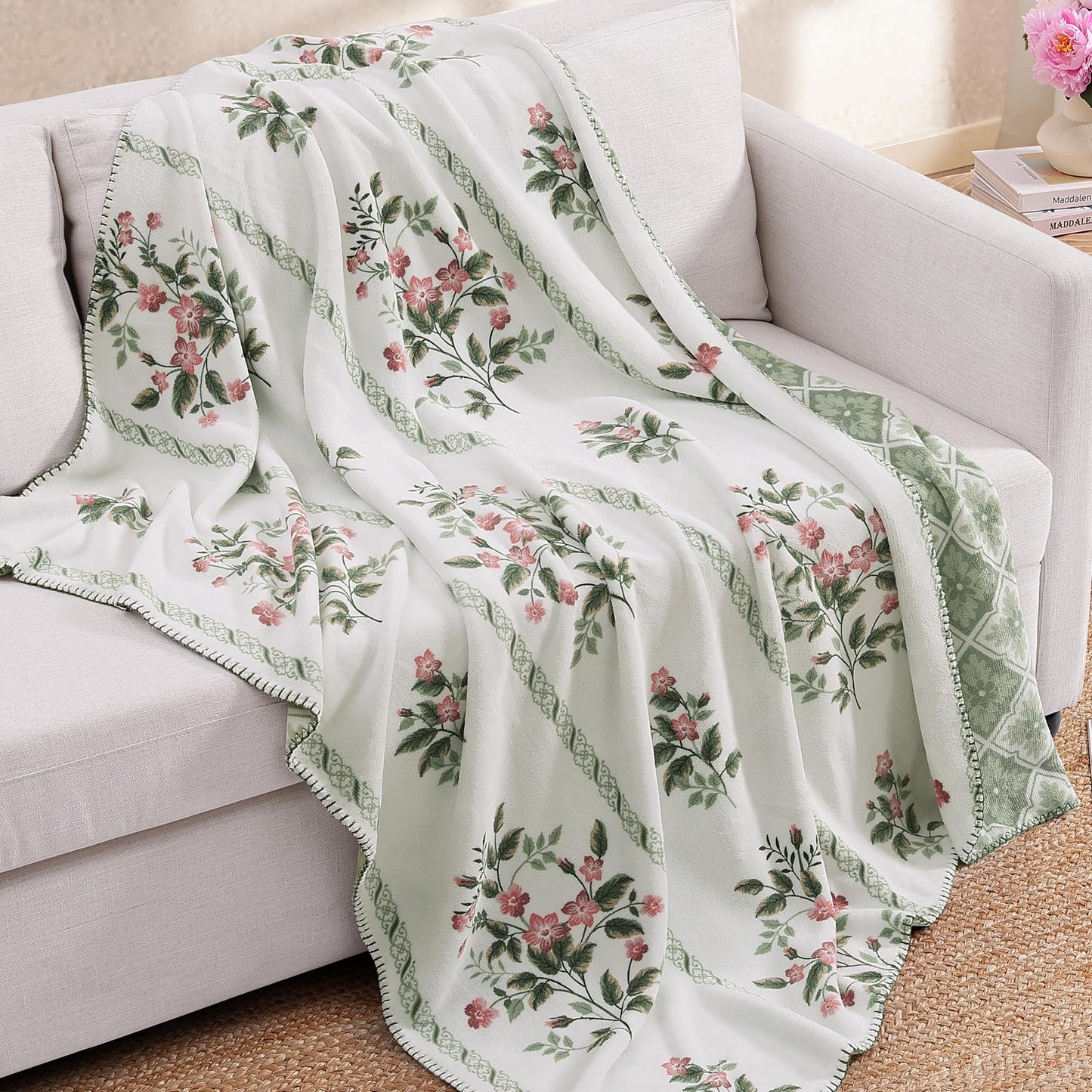 Floral Reversible Throw Blanket, Coco Flannel Bed Blankets for Women Gifts