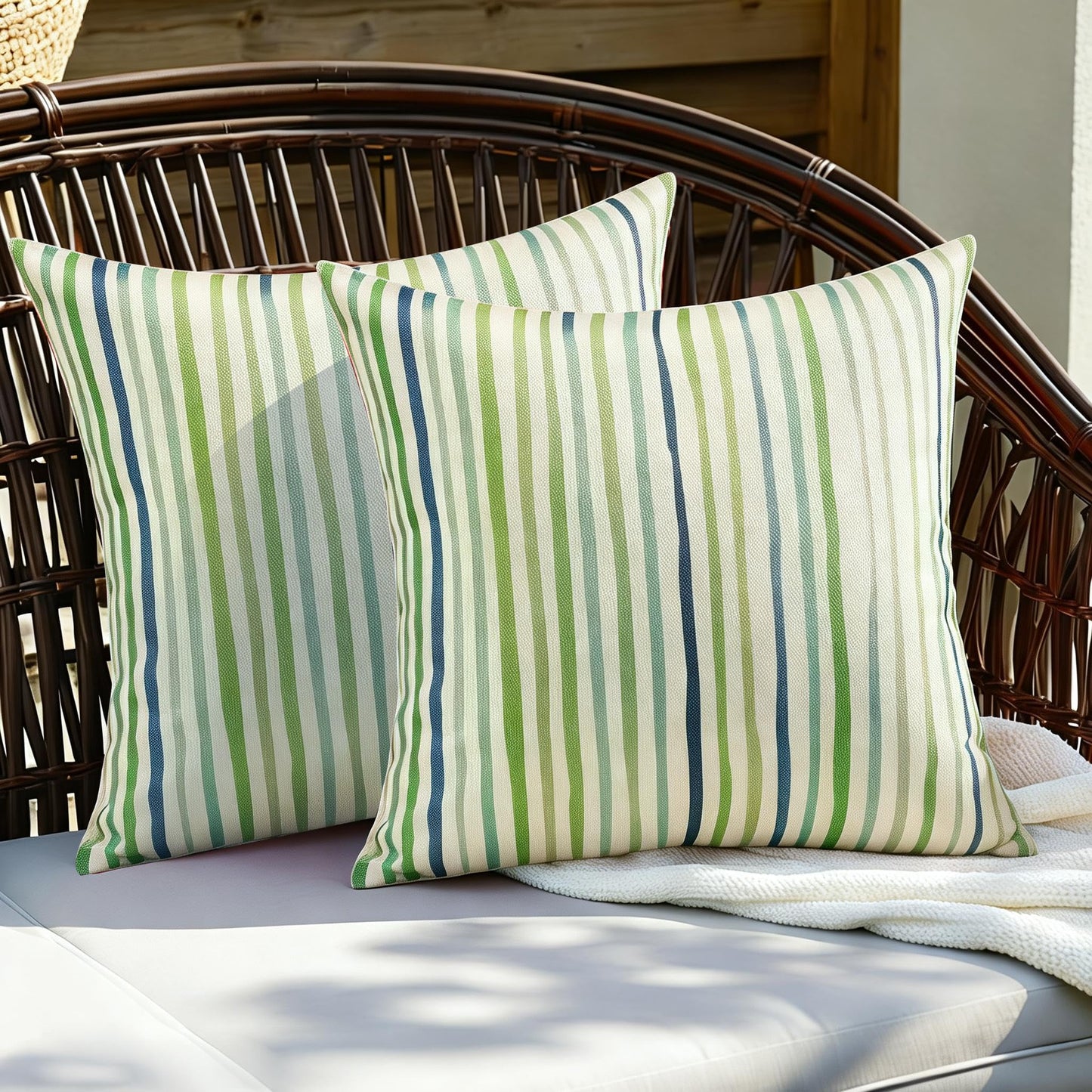 All Smiles Spring Outdoor Waterproof Throw Pillow Covers 18x18 Set of 2 Green Sunbrella Decorative Cushion Cases Porch Decor for Patio Bench Garden Furnitures Couch Sofa,Sage Green Lines Stripes
