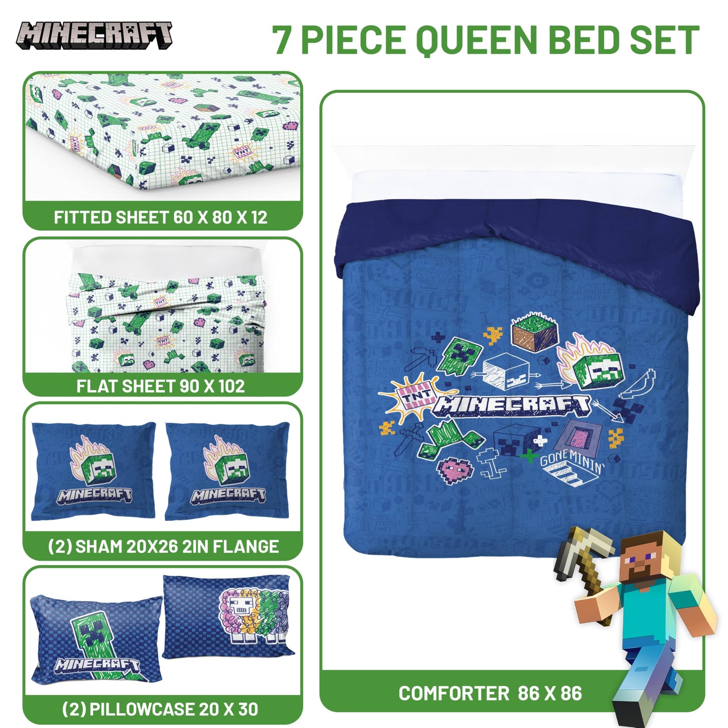 Jay Franco Kids Comforter Set Includes Sheets and Pillow Covers - Soft and Cozy Bed Set for Stylish Room Decor, Blue - Minecraft 02, 7 Piece Queen Bedding