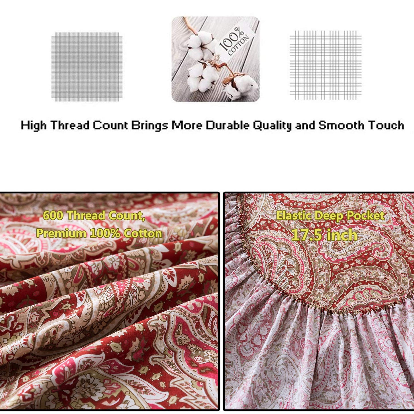 FADFAY Luxury Paisley Sheets Set King Classy Red and Gold Floral Farmhouse Bedding Elegent Red Paisley Bedding Set 100% Cotton Super Soft Hypoallergenic Deep Pocket Fitted Sheet 4-Pieces, King Size