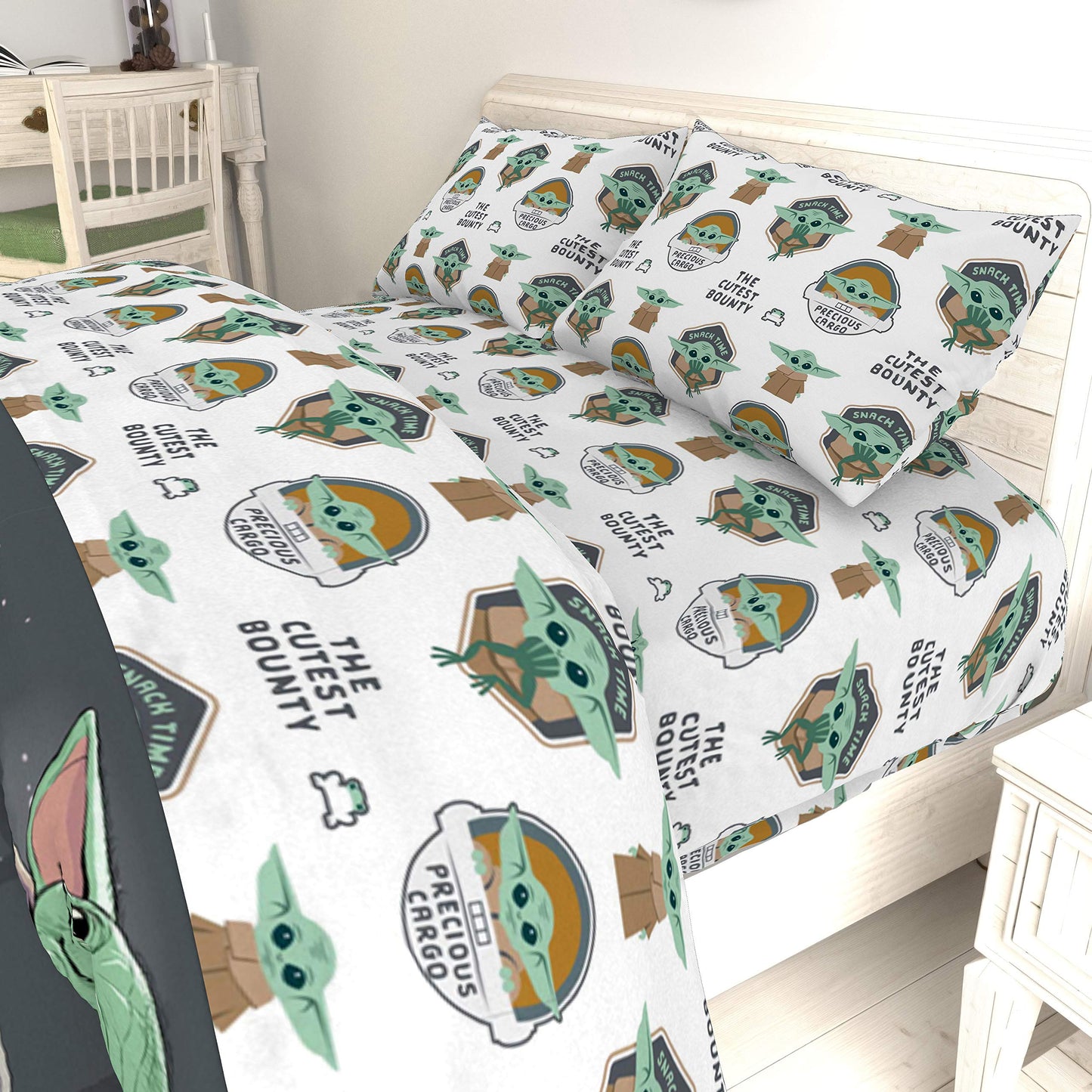 Jay Franco Kids Sheet Cartoon Set with Fitted, Flat Sheets & Pillow Cover - Ultra-Soft Bedding with Pillowcase for Room Decor, White - Star Wars Mandalorian, 4 Piece Queen