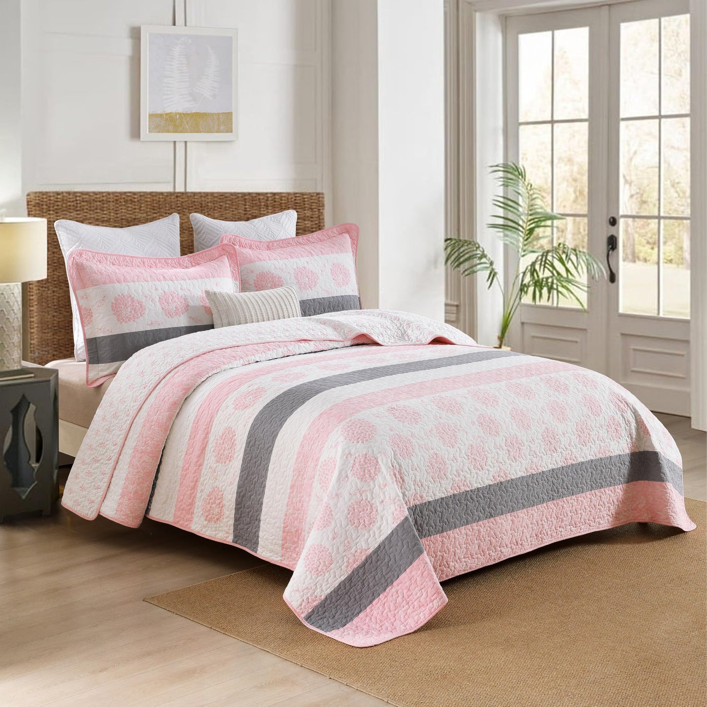 Homzard 100% Cotton Quilts Queen Size, Floral Pink Comforter Set Queen Size,Pink White Grey Bedding Set,Lightweight Floral Pattern Bedspread Set 3 Piece All Season Coverlet