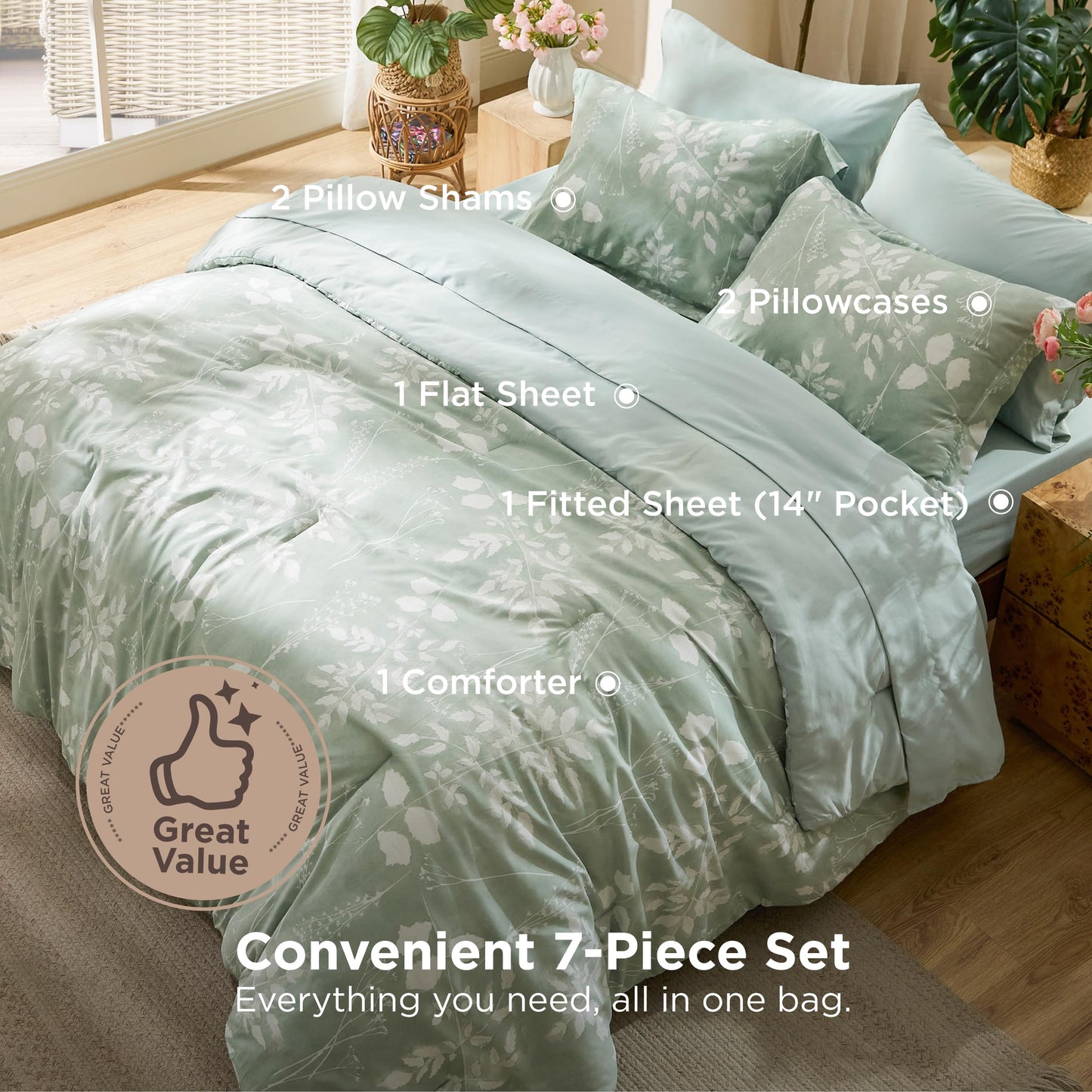 Bedsure Queen Comforter Set - 7 Pieces Floral Sage Green GentleSoft™ Bedding Sets, Queen Bed in a Bag with Botanical Flowers Winter Comforter, Sheets, Pillowcases & Shams