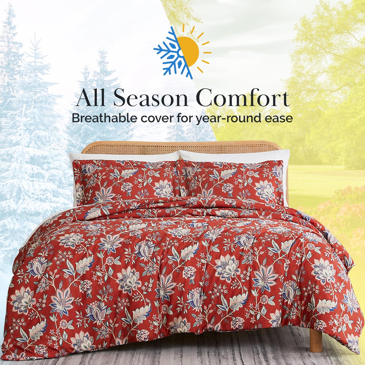 Southshore Fine Living, Inc. Oversized California King Duvet Cover - Red Floral Cal King Duvet Cover Set - Ultra Soft Microfiber, Fade Resistant - Zipper Closure, 2 Pillow Shams - Jacobean Willow Red