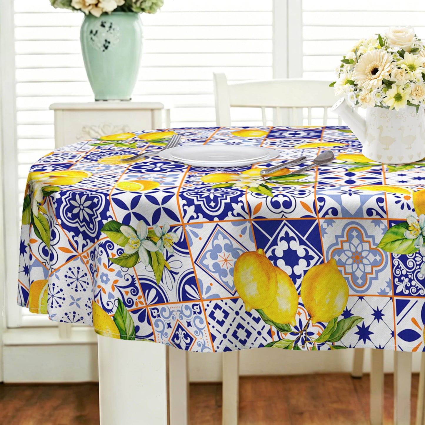 Oval French Lemon 60x84inch, Lemon Blossom Spring Summer Tablecloth, Country Farmhouse Waterproof Wrinkle Resistant Washable Tablecloth for Indoor and Outdoor, Holiday Kitchen Restaurant and Party