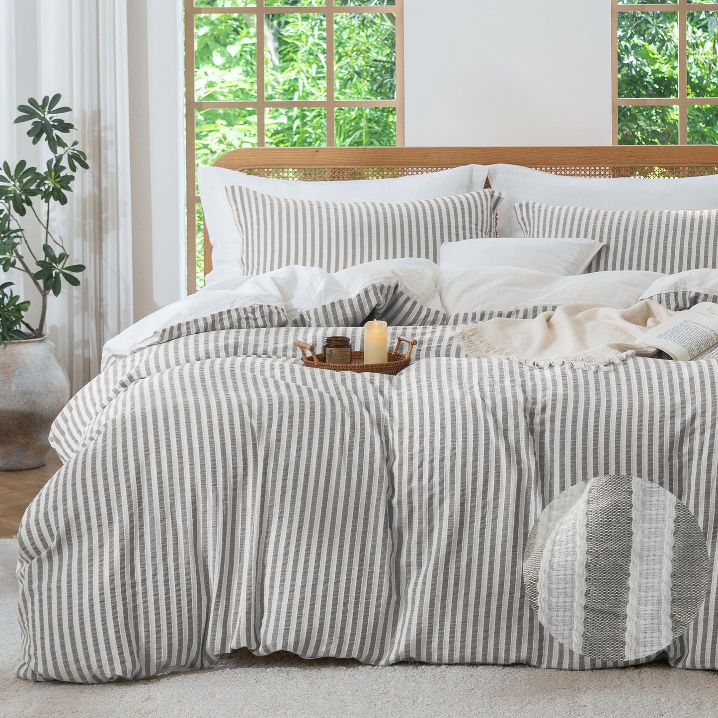 MILDLY Striped Duvet Cover - 100% Washed Cotton Textured Comforter Cover Set 3pcs with Dual Zipper Closure & 8 Corner Ties Soft & Lightweight for All Season 90"x90"