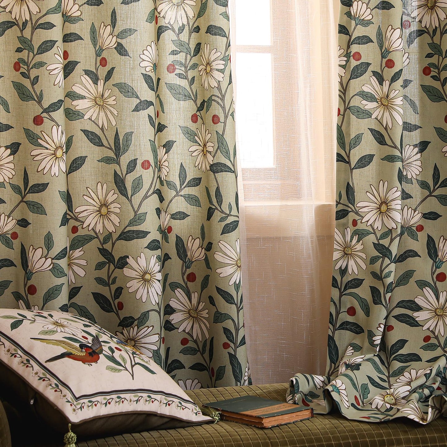 ISAENNE Designer French Green Linen Printed Curtain,2 Panels,63"x53"-Brune