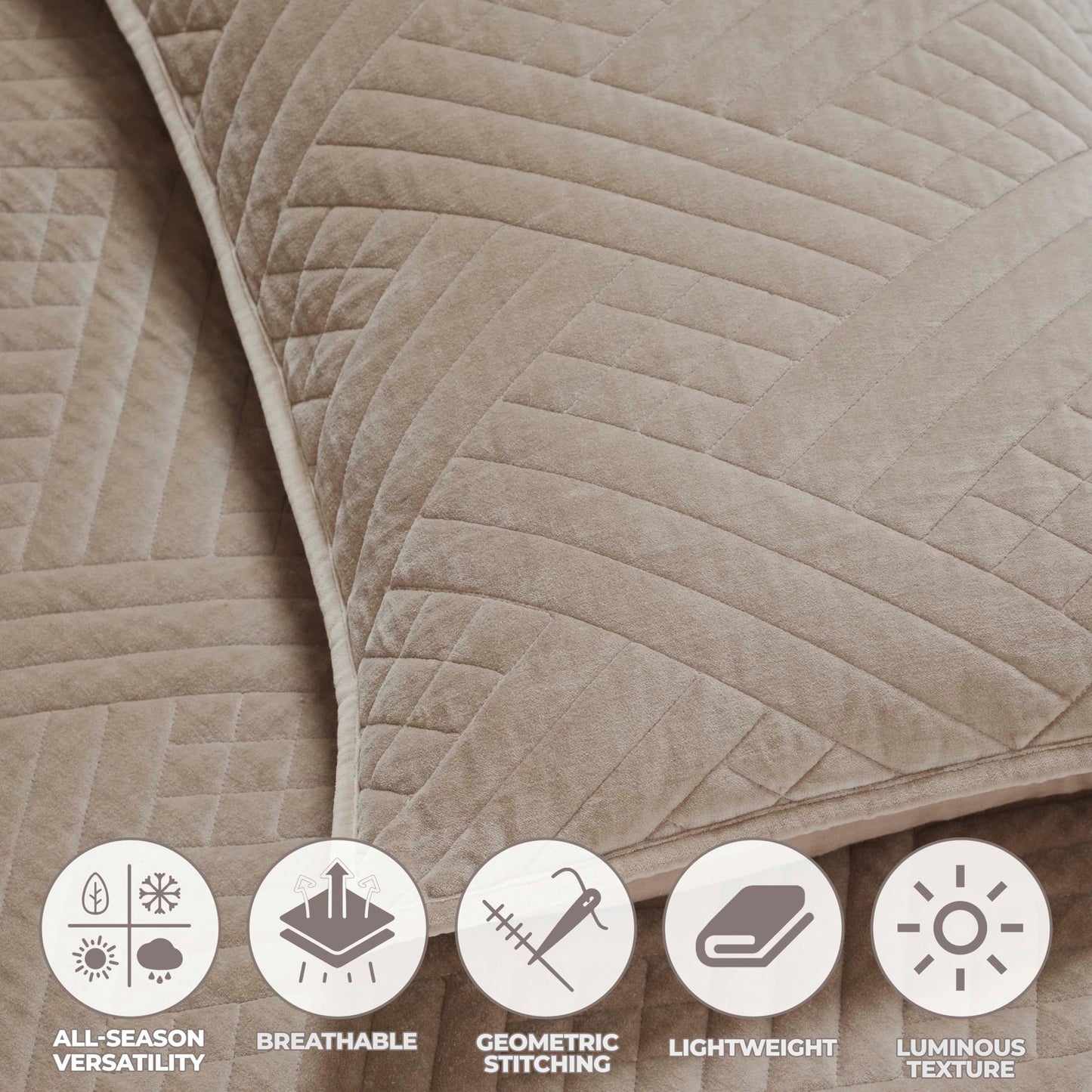 Superior 100% Cotton Velvet Quilt, 1 Lightweight Breathable Coverlet, Luxury Home Decor, Comfy Home Essential Bedding, Cotton Fill, Geometric Aesthetic, Karina Collection, Throw Size, Light Brown