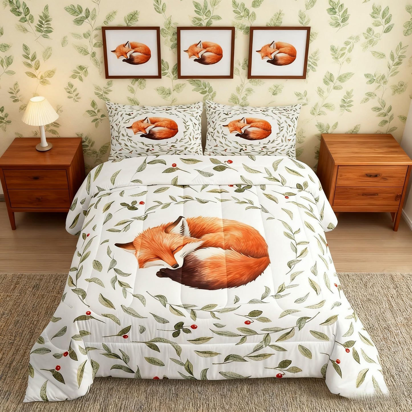 Manfei Lovely Fox Comforter Set Queen Size, Cartoon Animal Theme Quilt Set with 2 Pillowcases, Botanical Floral Leaves Print Bedding Set 3pcs for Kids Boys Girls Bedroom Decor