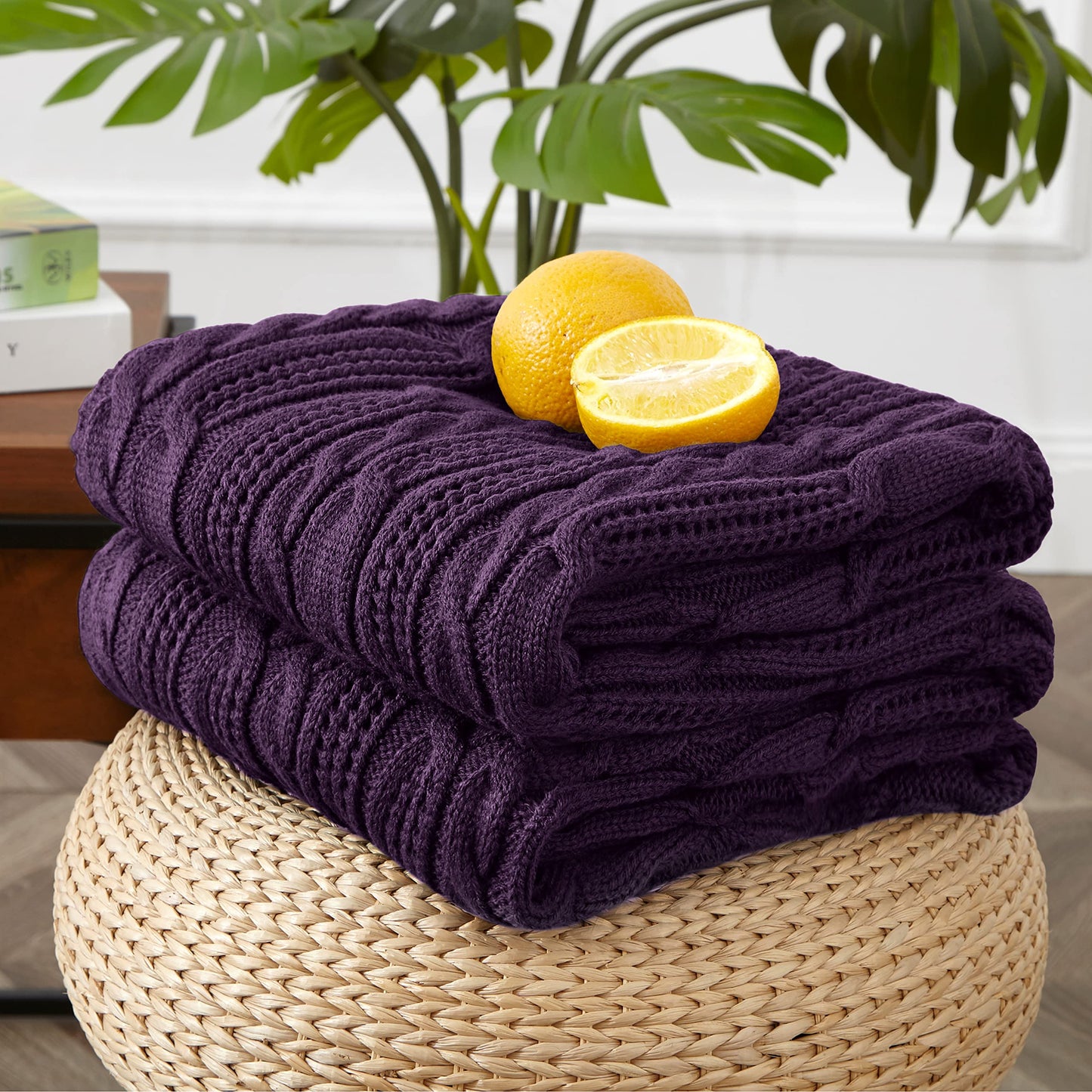 Aormenzy Cable Knit Throw Blankets 50 x 60 Inches, Soft Cozy and Lightweight Knitted Blanket, Machine Washable Acrylic Blanket, Decorative Throw Blanket for Couch Sofa Bed, Dark Purple