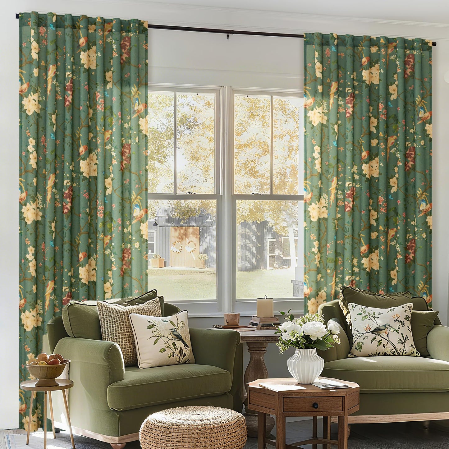 Olive Green Floral Linen Curtains for Living Room 84 Inches Long 2 Panels