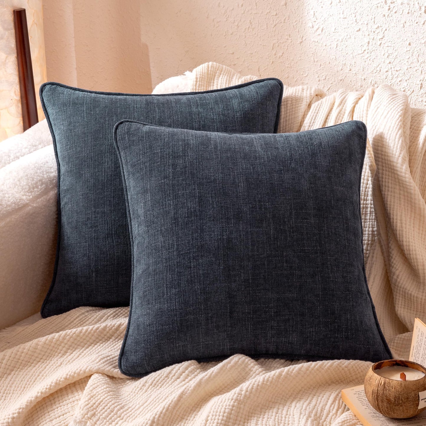 Amazon Basics Faux Linen Throw Pillow Covers with Hidden Zipper Closure, 16 × 16in, Navy Blue, Pack of 2