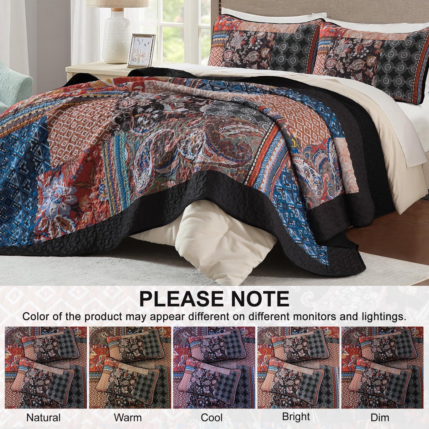 DJY Patchwork Quilt Set King Size Boho Bedspread Coverlet, Black Coral 3 Pieces Paisley Floral Quilted Bedding Set, Lightweight Bohemian Farmhouse Reversible Bed Cover for All Season 110''x90''