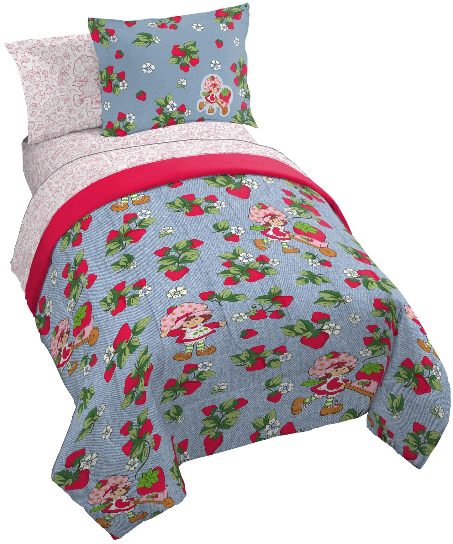 Jay Franco Kids Comforter Set Includes Sheets and Pillow Covers - Soft and Cozy Bed Set for Stylish Room Decor, Blue - Strawberry Shortcake. 5 Piece Twin Size Bedding