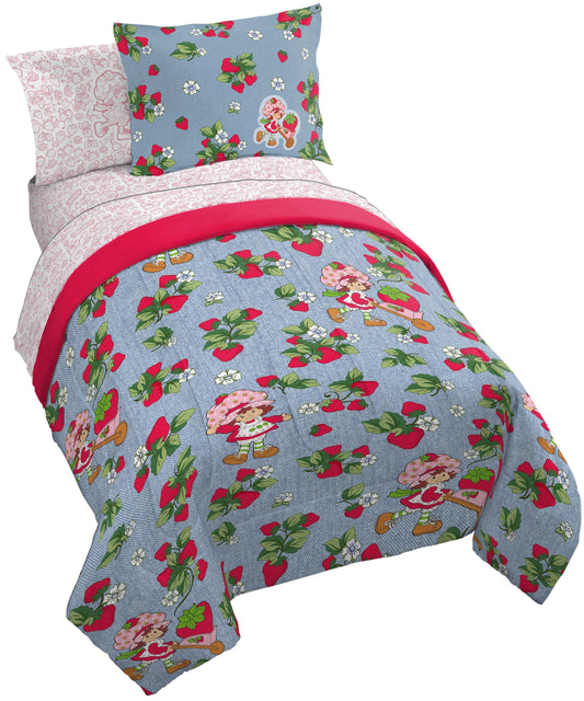 Jay Franco Kids Comforter Set Includes Sheets and Pillow Covers - Soft and Cozy Bed Set for Stylish Room Decor, Blue - Strawberry Shortcake. 5 Piece Twin Size Bedding