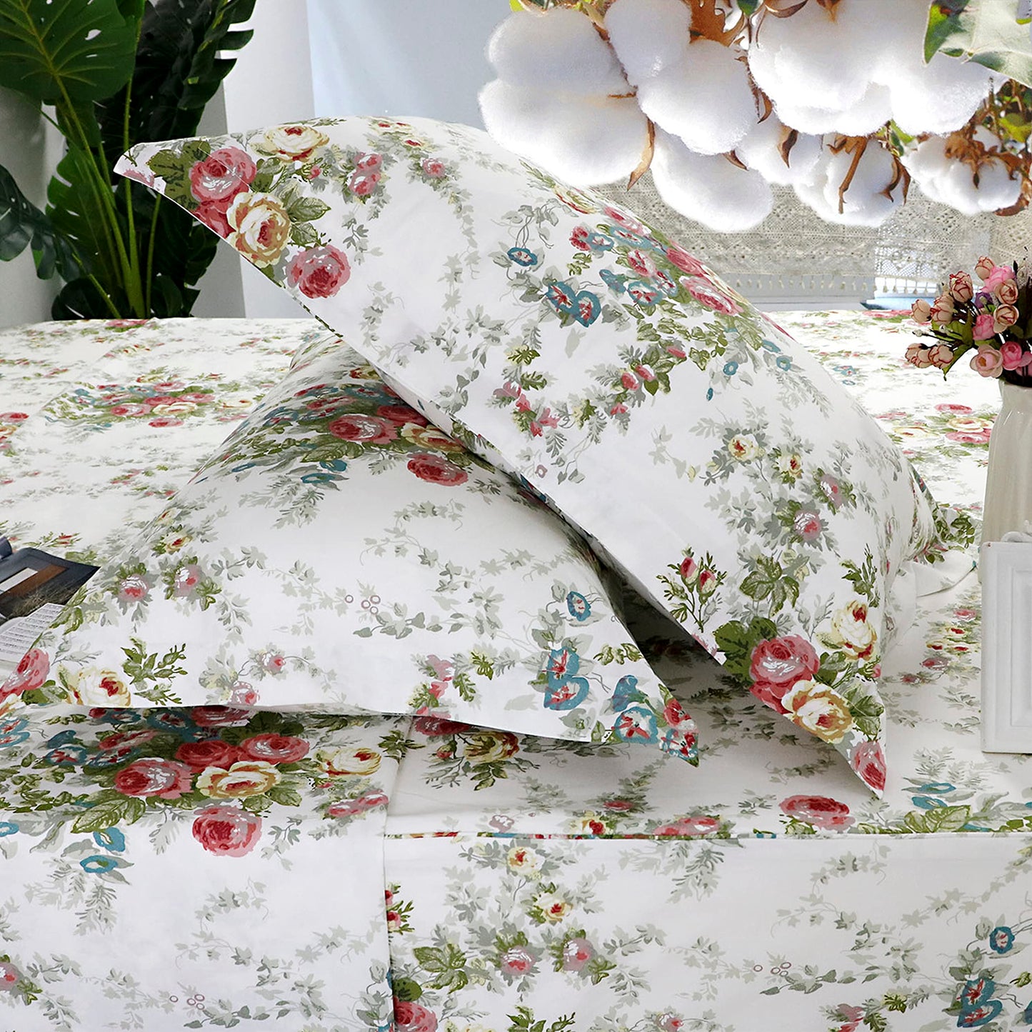FADFAY Rose Sheets Floral Bed Sheets Queen 100% Cotton Off White Victorian Flower Printed Shabby Vintage Antique Bedding Soft Natural Cotton Deep Pocket Fitted Sheet 4Pcs, Queen