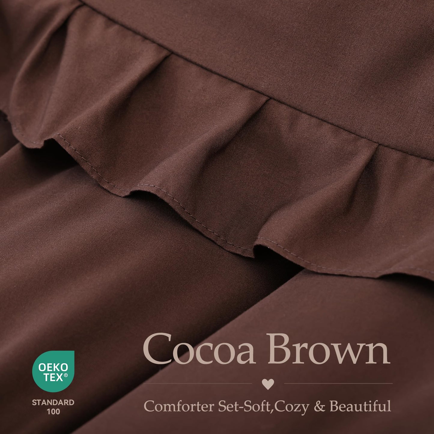 JANZAA Brown Comforter Set Queen – Soft Microfiber, Lightweight All Season Bedding, Ruffle Shabby Chic Aesthetic, Breathable Cozy Bed Set with 2 Pillow Shams, Machine Washable