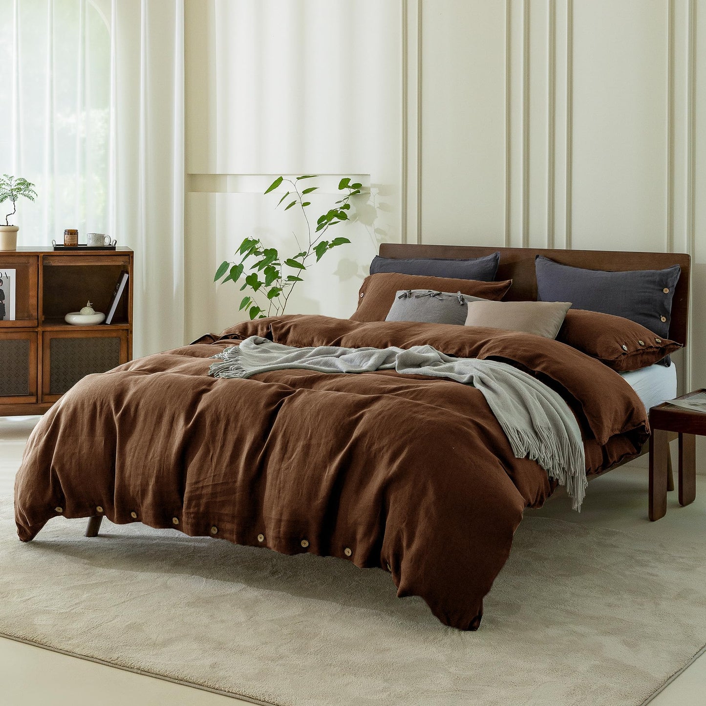 EVERLY 100% Pure Linen Duvet Cover Set Queen Size 90X90Inch 3pcs (1 Duvet Cover,2 Pillowcases) Soft and Breathable for All Season with Coconut Button Closure, Suitable for Hot Sleepers-Chocolate