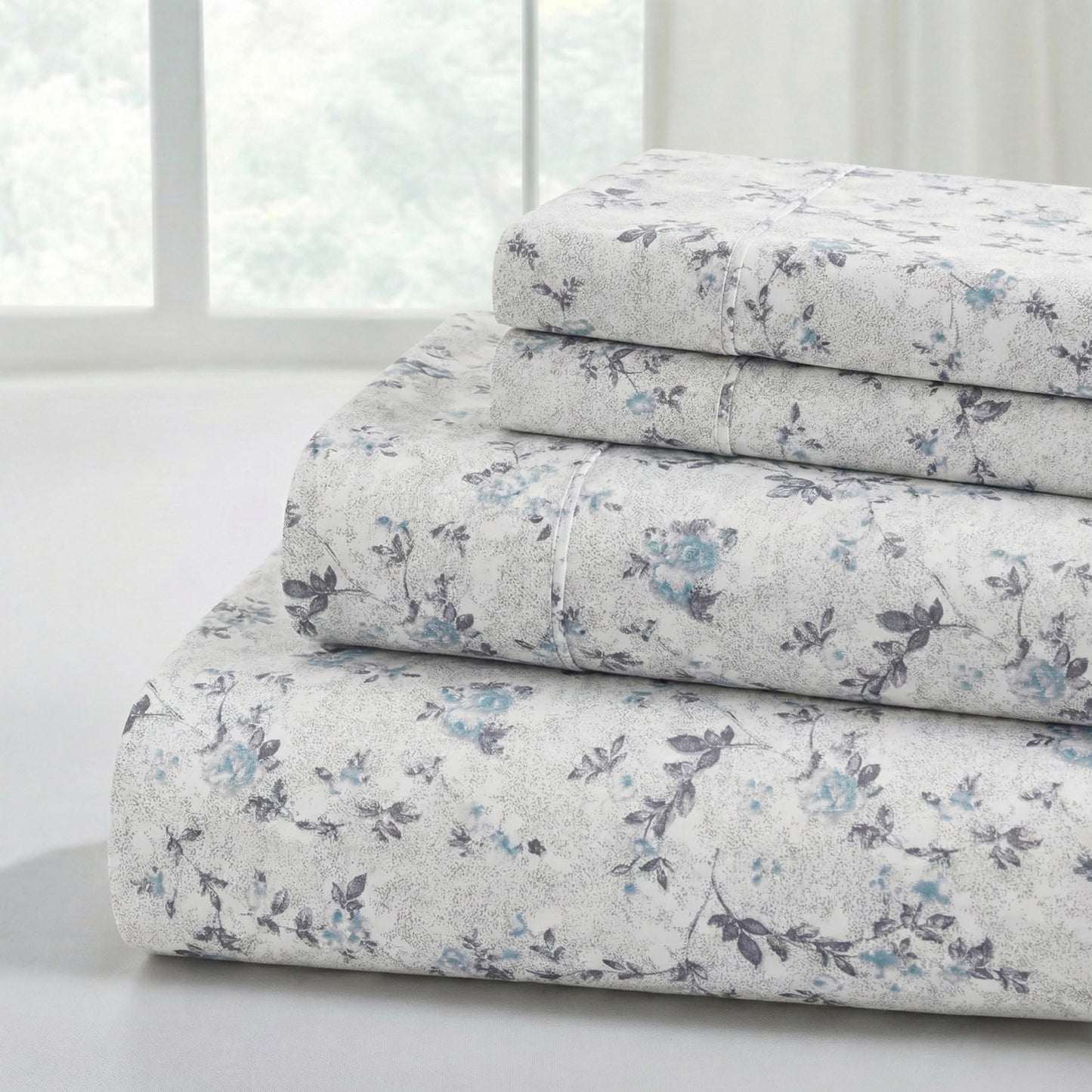 Modern Threads Silky Soft Microfiber and Wrinkle Free Sheets - Luxurious Microfiber Bed Sheets Includes Flat Sheet, Fitted Sheet with Deep Pockets, & Pillowcases Kashmir Rose Blue, Twin