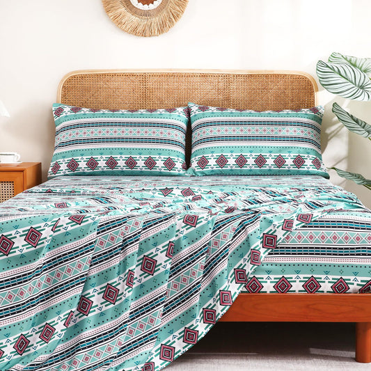 CozySmile 4 Pieces Queen Sheet Set Bohemian, Boho Sheets Soft Microfiber Deep Pocket, Western Sheets Geometric(Queen, Mint Coral Striped)