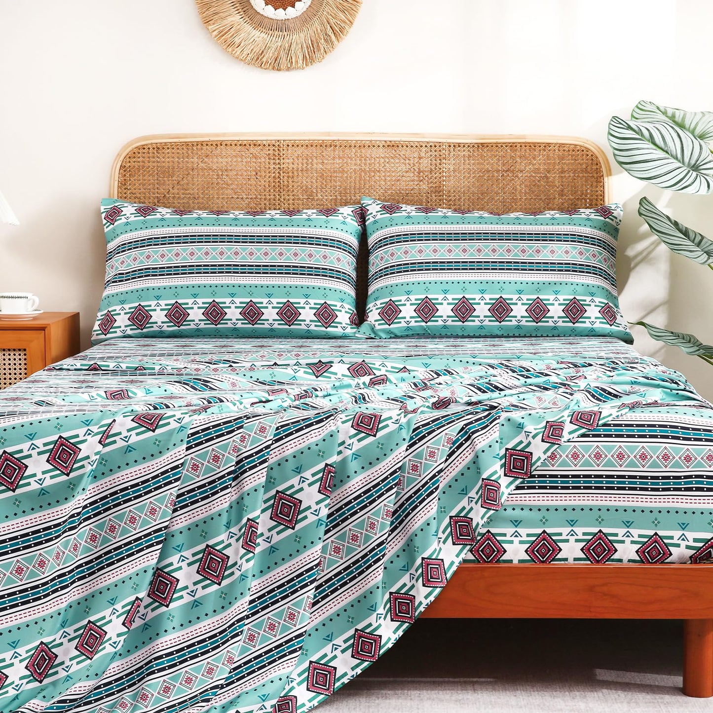 CozySmile 4 Pieces King Sheet Set Bohemian, Boho Sheets Soft Microfiber Deep Pocket, Western Sheets Geometric(King, Mint Coral Striped)