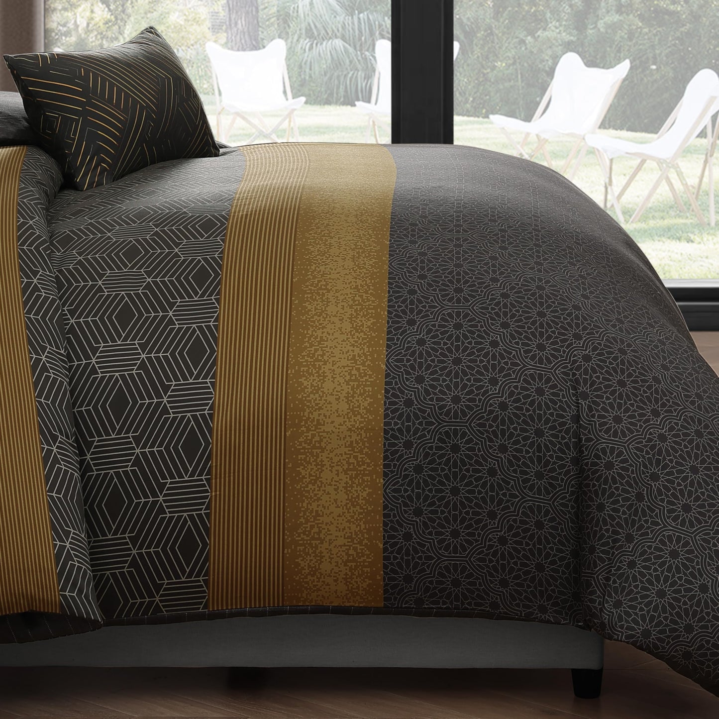 Bebejan Golden Hex 5 Piece Comforter Set, 100% Cotton Sateen, 220 Thread Count, Grey Reversible Bedding Comforter Set, 1 Comforter, 2 Shams & 2 Pillows (King/Cal King)
