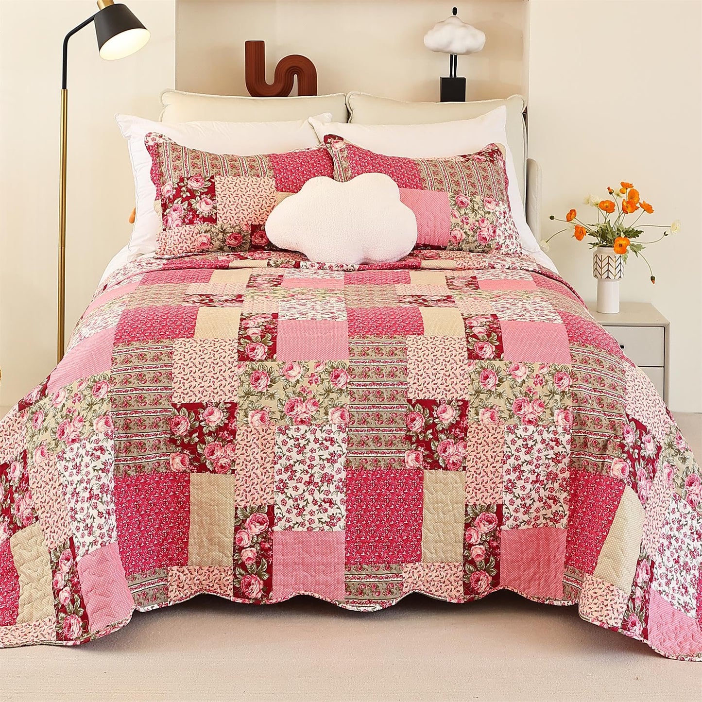 Cmfshape Summer Floral California King Bedspread,Romantic Pink Quilt Set King,Reversible Stitched Bedding Set All Season,Soft Lightweight Coverlet with Pillow Cases (Hot Pink&Rose, King106 x96)