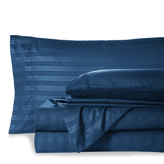 Mocassi Queen Stripe Sheet Set - Luxury Hotel 1800 Premier Bedding Sheets & Pillowcases - Ultra Soft Breathable & Cooling Bed Sheets - Wrinkle Resistant - 6 Piece Set - Queen, Navy Blue