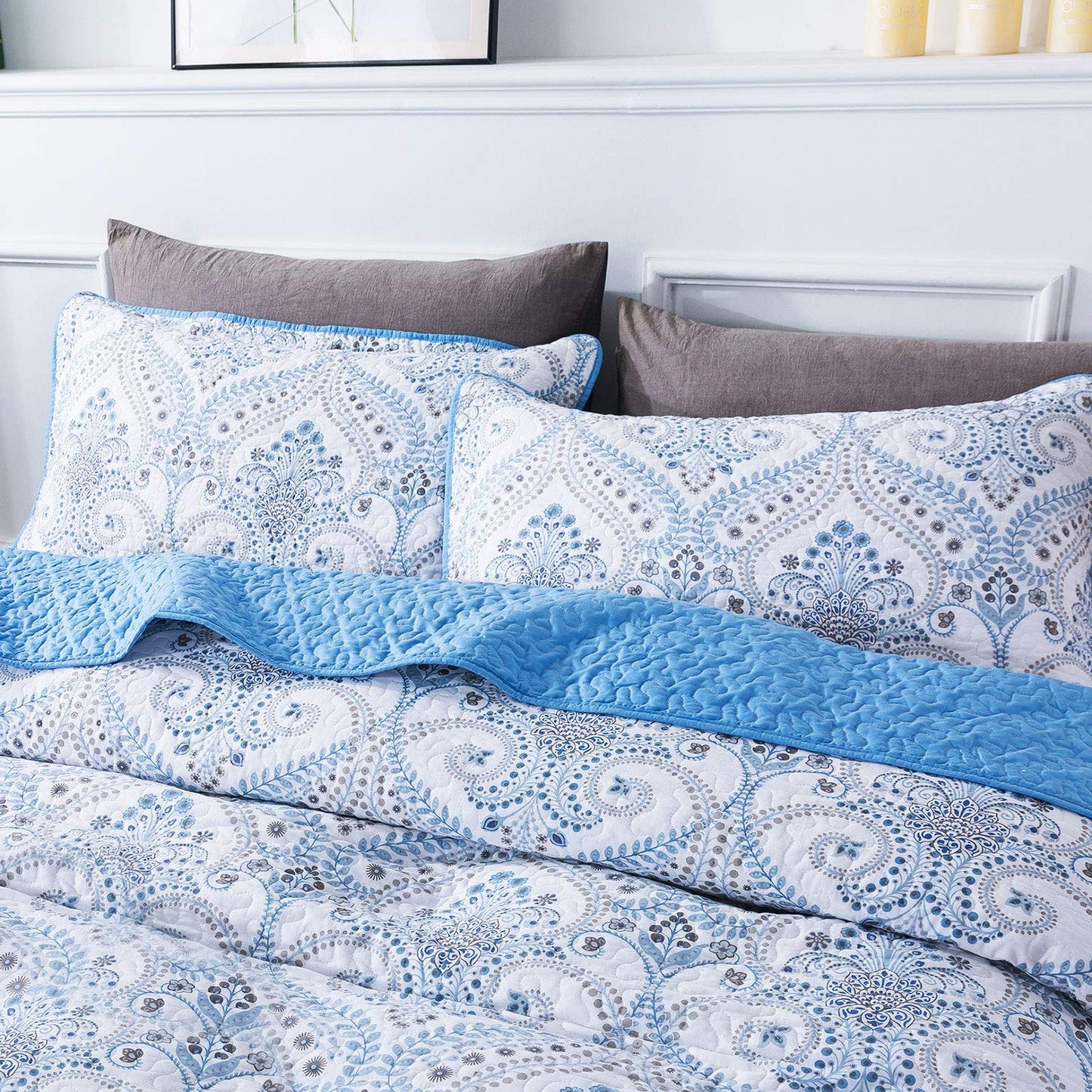 NEWLAKE Cotton Bedspread Quilt Sets-Reversible Patchwork Coverlet Set, Blue Classic Royal Pattern, Queen Size