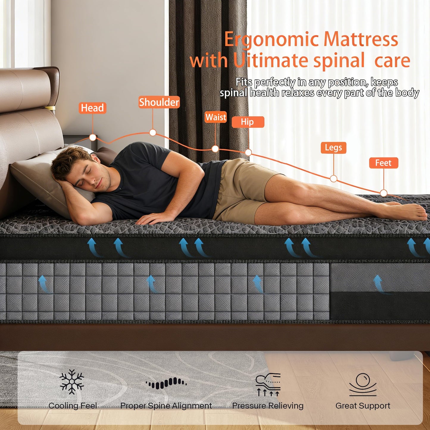 ENSHUI Twin Mattress,12 Inch Hybrid Mattress in a Box，Medium Firm Mattresses with Gel Memory Foam & Pocket Springs, Pressure Relief, Cooling,Edge Support, 365 Night Trial（Horizontal bar Side）