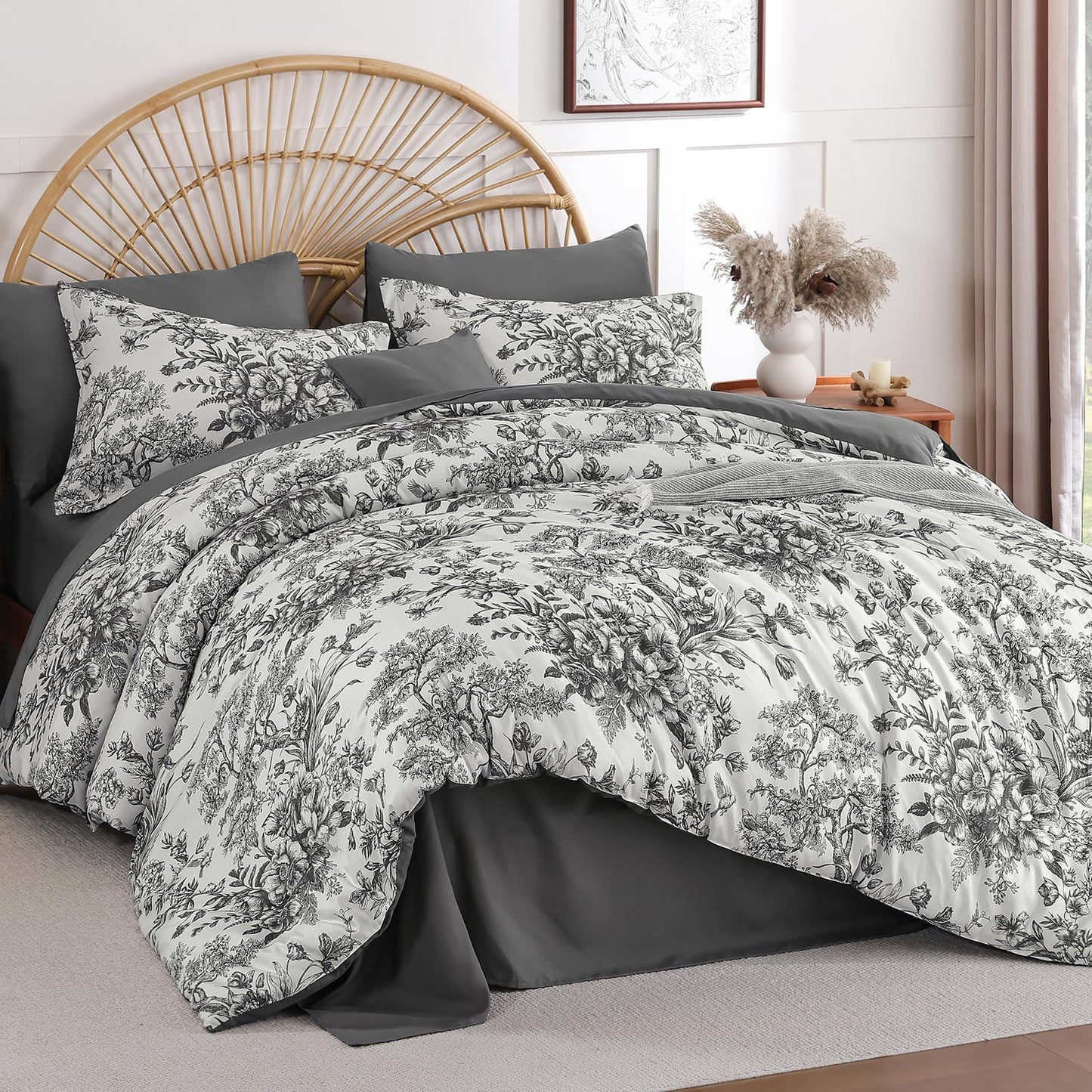 Dinjoy Queen Comforter Set - 8 Pieces Floral Comforter Set Black and White, Bed in a Bag Queen with Botanical Print, Winter Soft Comforter Bedding Set with Sheets (Comforter 90"x90")