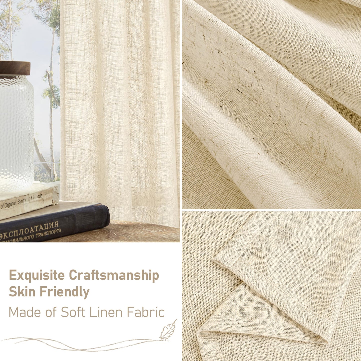 LAMIT Beige Linen Curtains 54 Inches Long for Bedroom, Semi Sheer Neutral Faux Linen Textured Window Light Filtering Panels with Bronze Grommet for Kitchen,2 Panels Set, 52 X 54 Inch