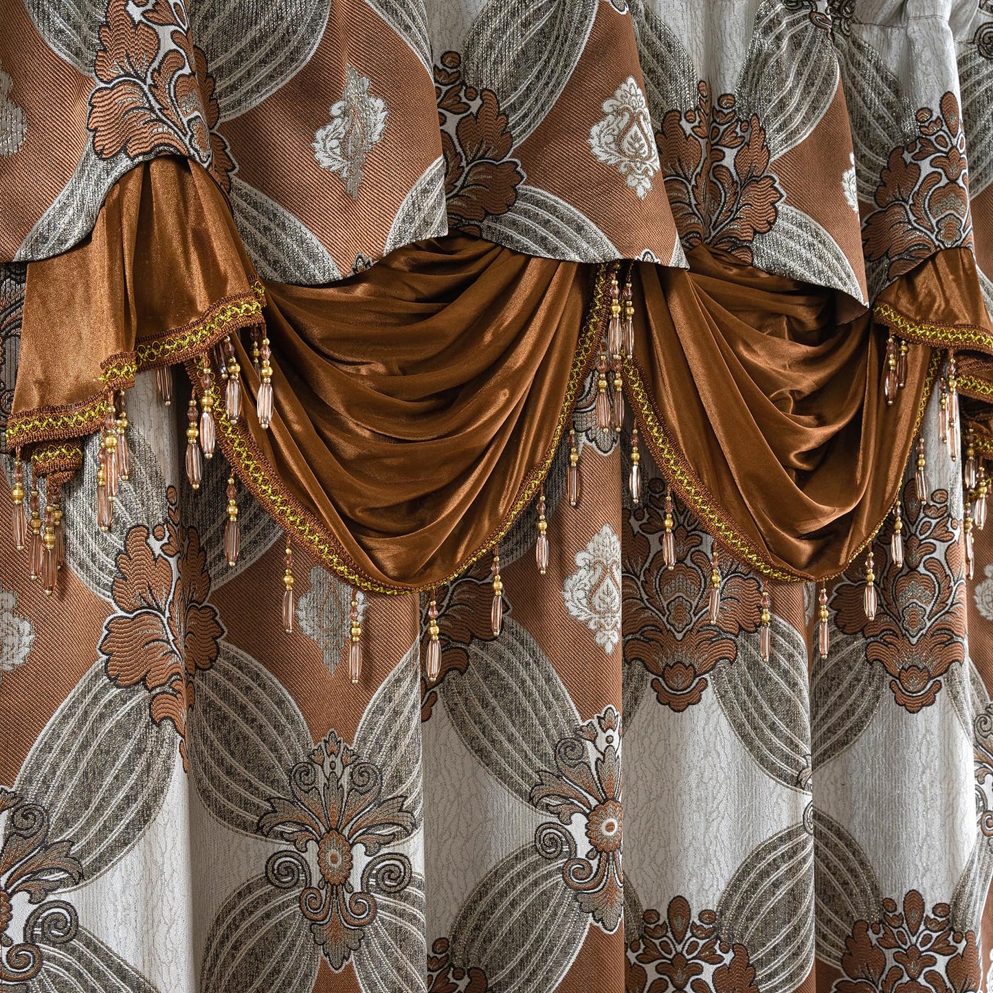 Petrichor Elegant Curtains with Gold Silver Threads 2 Panels Set - Luxury Window Treatment Attached Valance, Sheer Backing, and 2 Tie Backs for Bedroom and Living Room, 54x84 inches, Brown