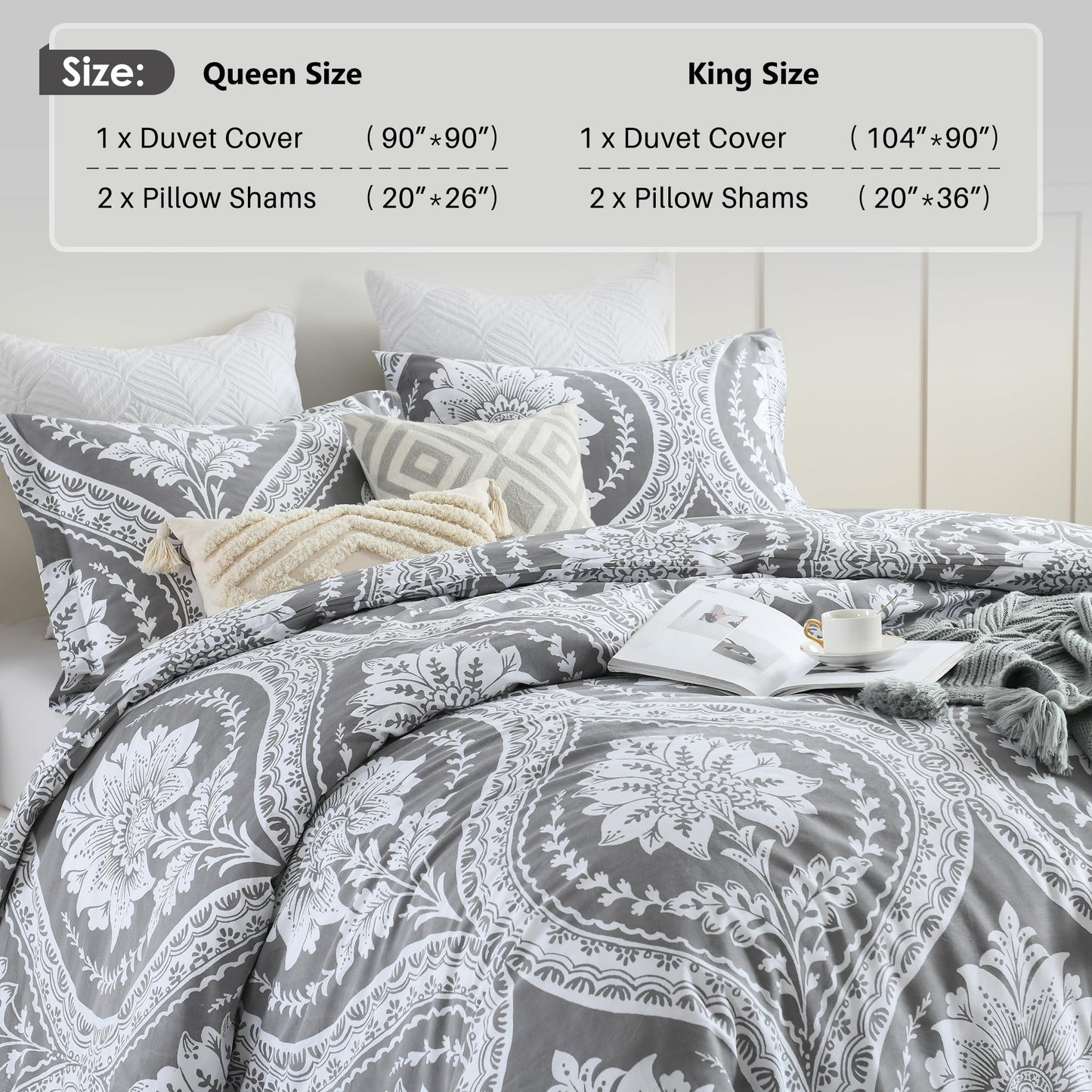 VOOVY Grey Duvet Cover King - 3 Pieces Paisley Damask King Size, Ultra Soft Breathable Bedding Duvet Cover Set with 100% Cotton for All Season, 104"x90", No Comforter