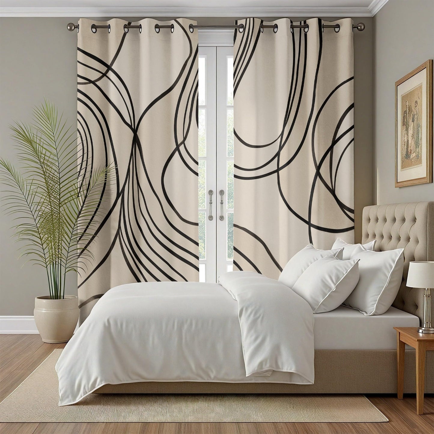 Modern Curtains Blackout, Abstract Line Curtains, Contemporary Neutral Curtain for Windows, Minimalist Japandi Wabi-Sabi Drapes for Bedroom Living Room, Grommet Curtain 84 Inches Long 2 Panel Set