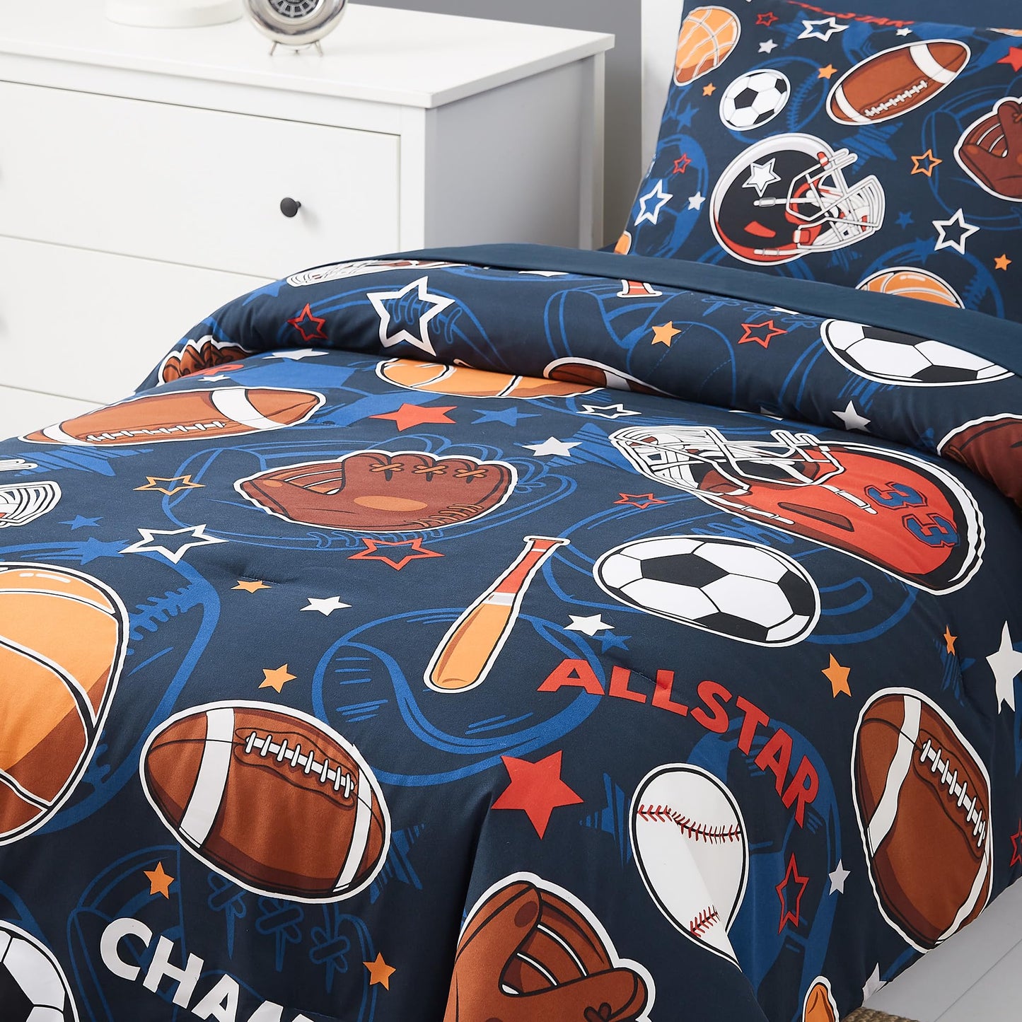 Kaleido Space Twin Kids Comforter Set - 5 Pieces Twin Bedding Sets for Boys Teen, Glow in The Dark Sports Ball Games Bed in A Bag with Sheets