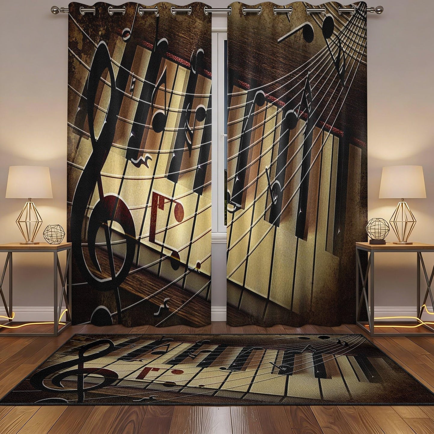 MBVZGUK Retro Nostalgia Piano Keyboard Curtains for Bedroom, 63 Inch Length 2 Panels, Music Note Staff Pattern Curtain Panels, Classic Rustic Brown Vintage Style Window Drapes for Music Studio
