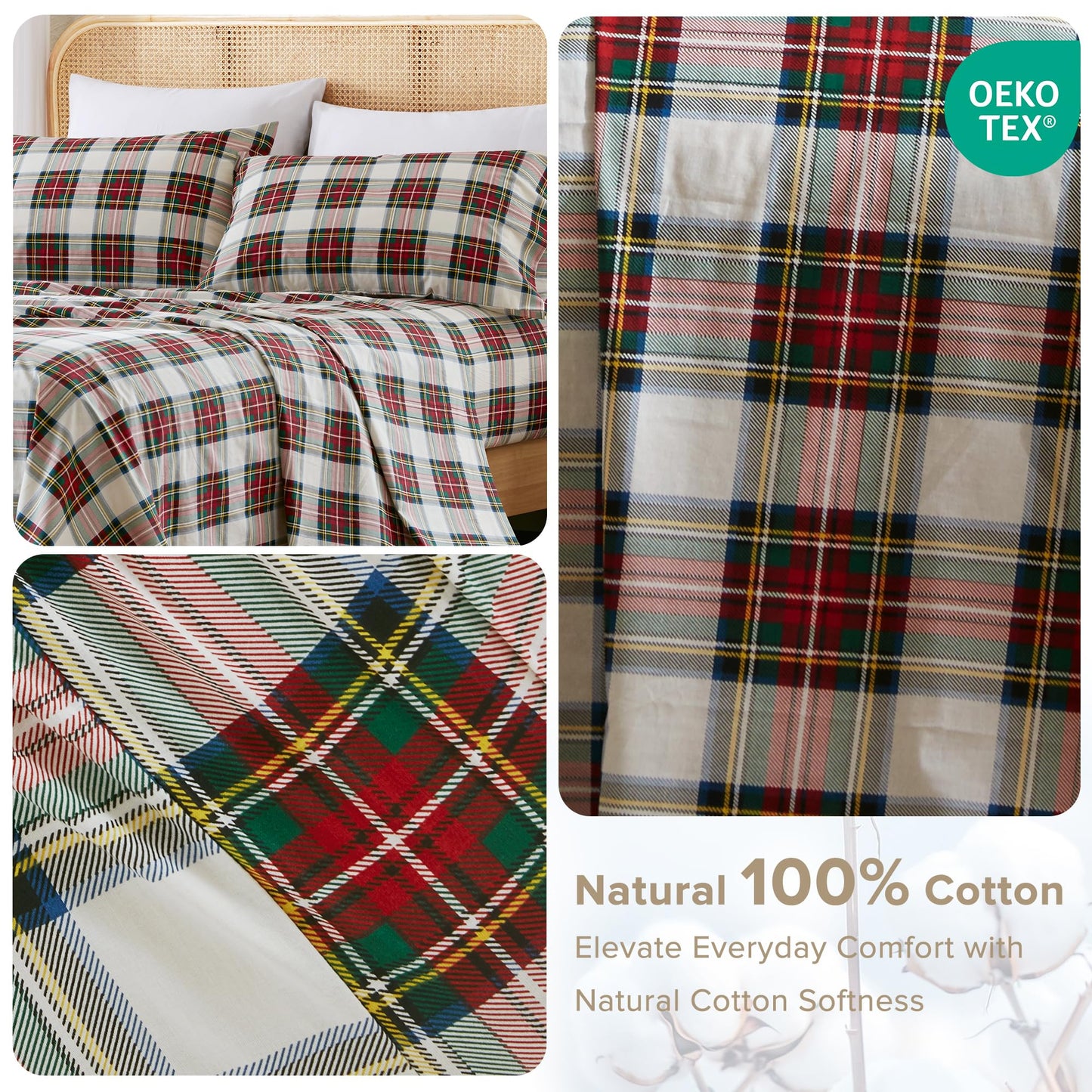 Comfort Spaces 100% Cotton Sheets King, Breathable, Naturally Cool Cotton Sheets, Cotton Bed Sheets with 14" Elastic Pocket Fits up to 16" Mattress, All Seasons Sheet Set, Scottish Plaid Red 4 Piece