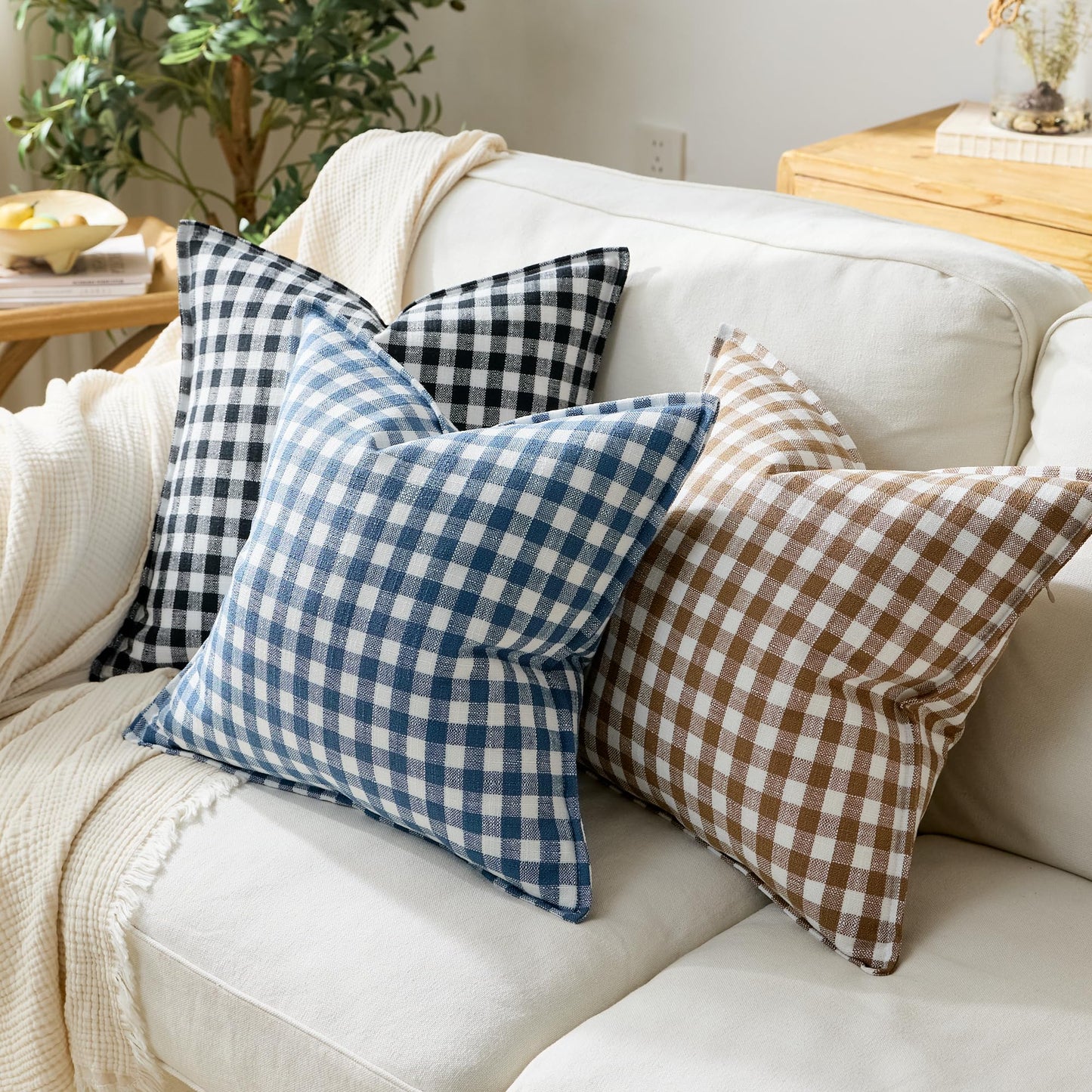 KINDREX Farmhouse Gingham Throw Pillow Covers 22x22 Set of 2, Small Checkered Linen-Textured Cushion Covers with Flanged Edges, Decorative Outdoor Pillowcases for Couch Sofa Living Room,Dusty Blue