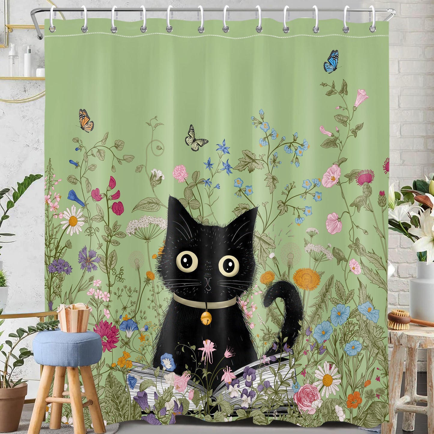 Art_Angels Cute Cat Shower Curtain Wildflower Plant Shower Curtains for Bathroom Flower Butterfly Shower Curtain Set Polyester Waterproof Cloth Fabric with Hooks, 72x72 Inches, Green