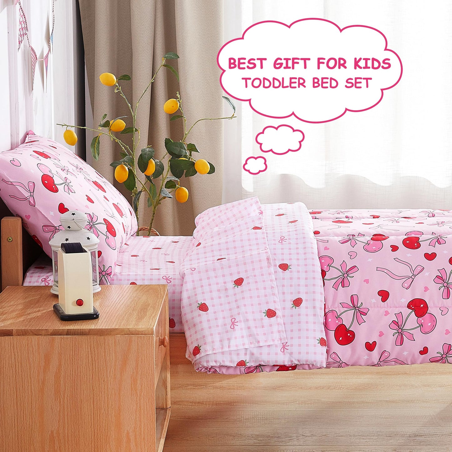 Mooreeke 4 Pieces Toddler Bedding Set - Pink Cherry Bow Toddler Comforter Sets for Girls, Includes Comforter, Flat Sheet, Fitted Sheet and Pillowcase, Bed in A Bag for Baby Bedroom