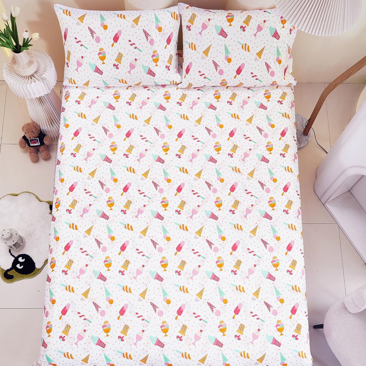 CozySmile Twin Sheet Set Kids,3 Pieces Breathable Soft Microfiber Bedsheets for Child Girls, Oeko-TEX, Anti Pilling Deep Pockets Easy Care Bed Sheets, Ice crea