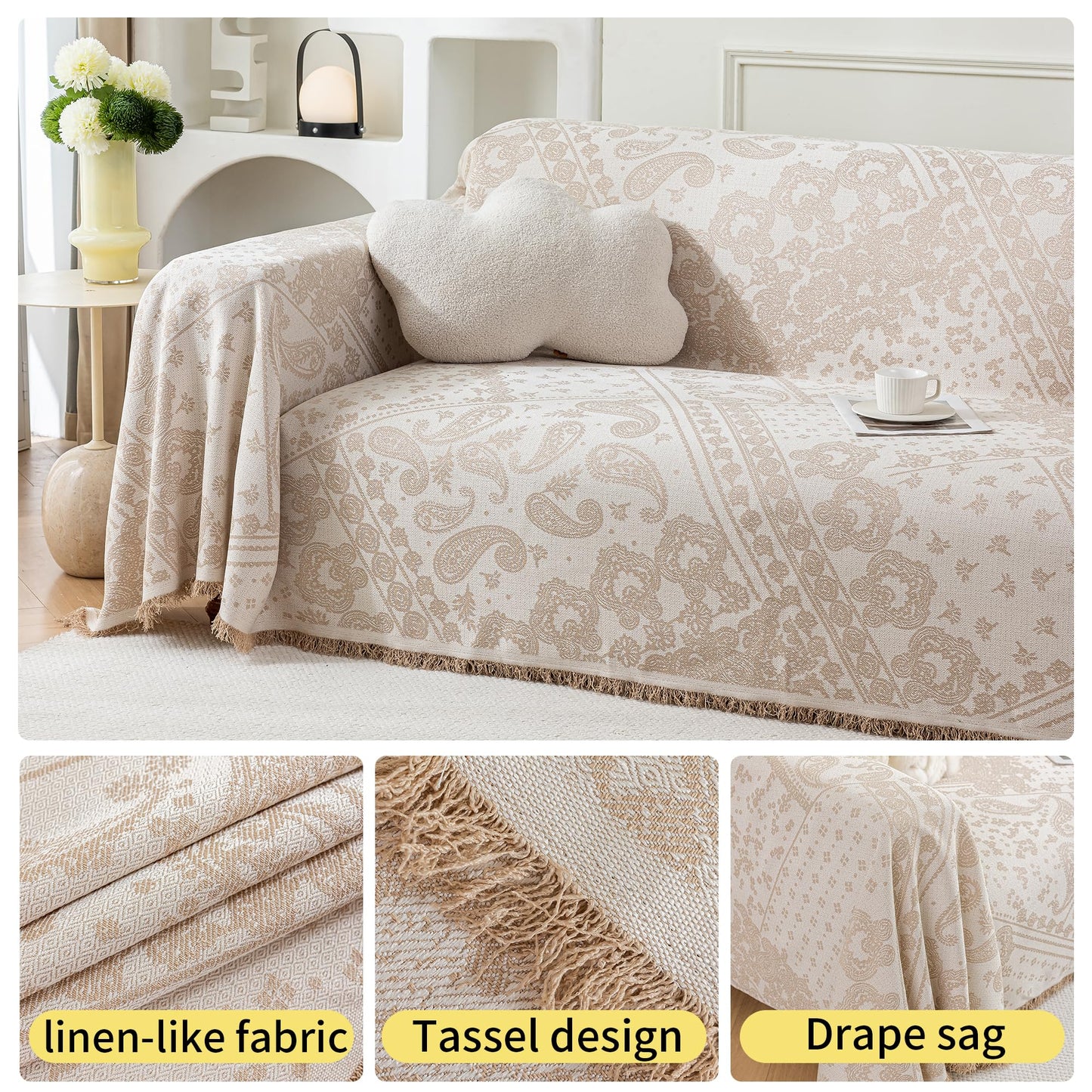 UWWGKK 71"x134" Boho Couch Cover Beige, Reversible Faux Linen Extra Large Throw Blanket for Sectional & 4 Cushion Sofa, Pet-Friendly Slipcover with Tassels for Living Room, Vintage Chevron