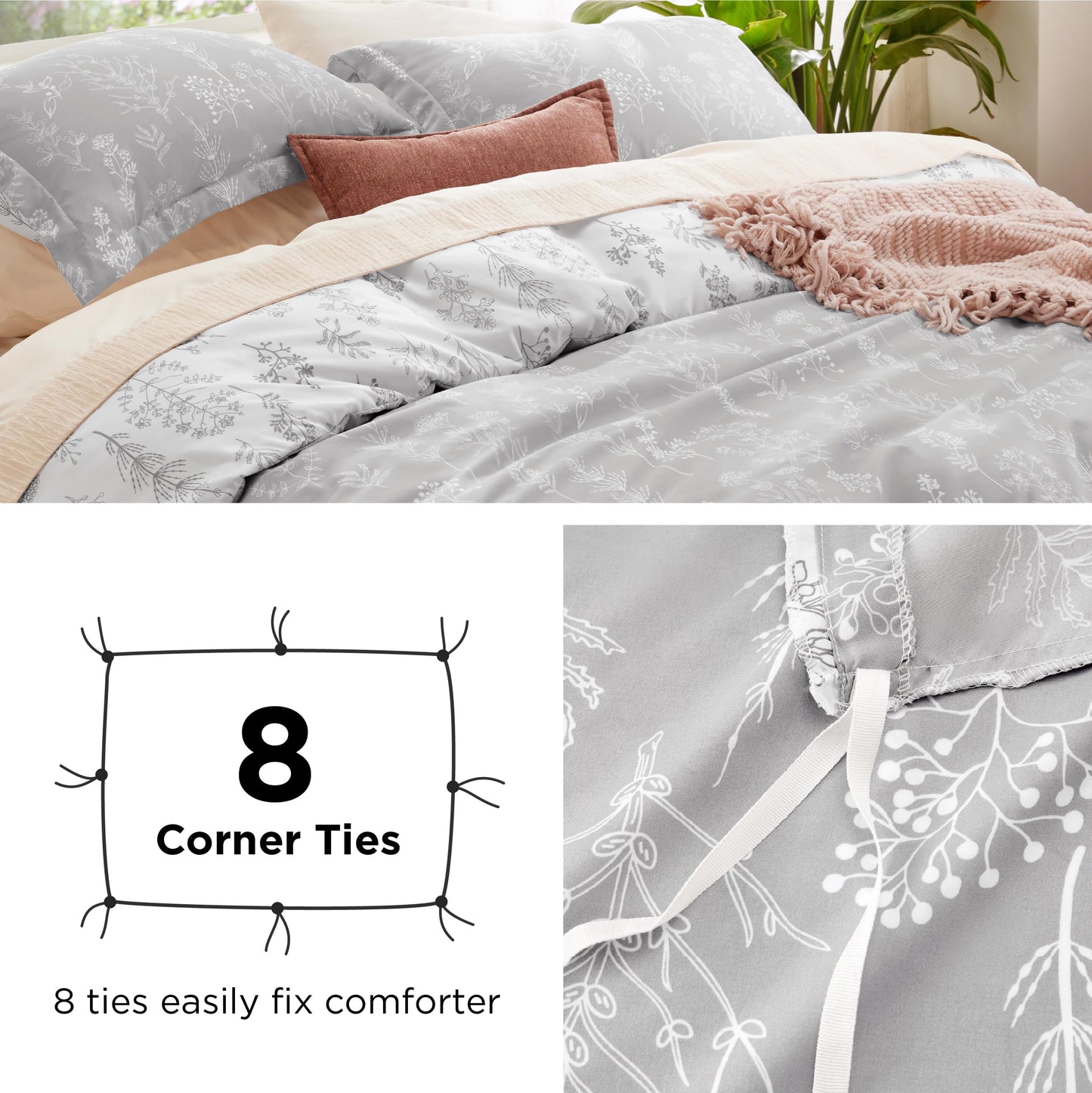 Bedsure Duvet Cover King Size - Reversible Grey King Duvet Cover Set with Zipper Closure, 3 Pieces Botanical Floral Patterned Bedding Set with 8 Corner Ties and 2 Pillow Shams