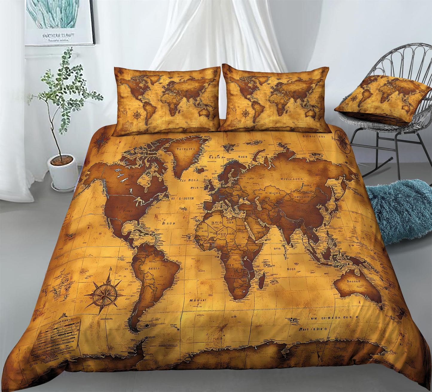 REALIN Classic Vintage World Map Duvet Cover Set Expeditions World Map Bedding Girl Boy Kids Bed Sets 3/4PCS Quilt Covers/Sheets/Pillow Shams,Twin/Full/Queen/King (A,Twin-172x218cm-3PCS)