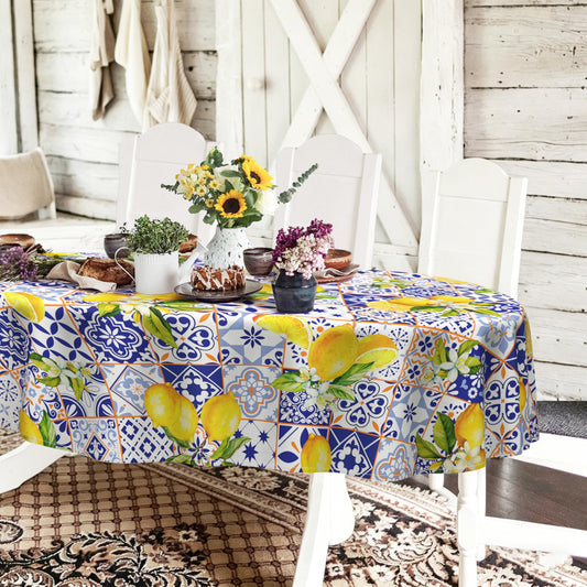 Oval French Lemon 60x84inch, Lemon Blossom Spring Summer Tablecloth, Country Farmhouse Waterproof Wrinkle Resistant Washable Tablecloth for Indoor and Outdoor, Holiday Kitchen Restaurant and Party