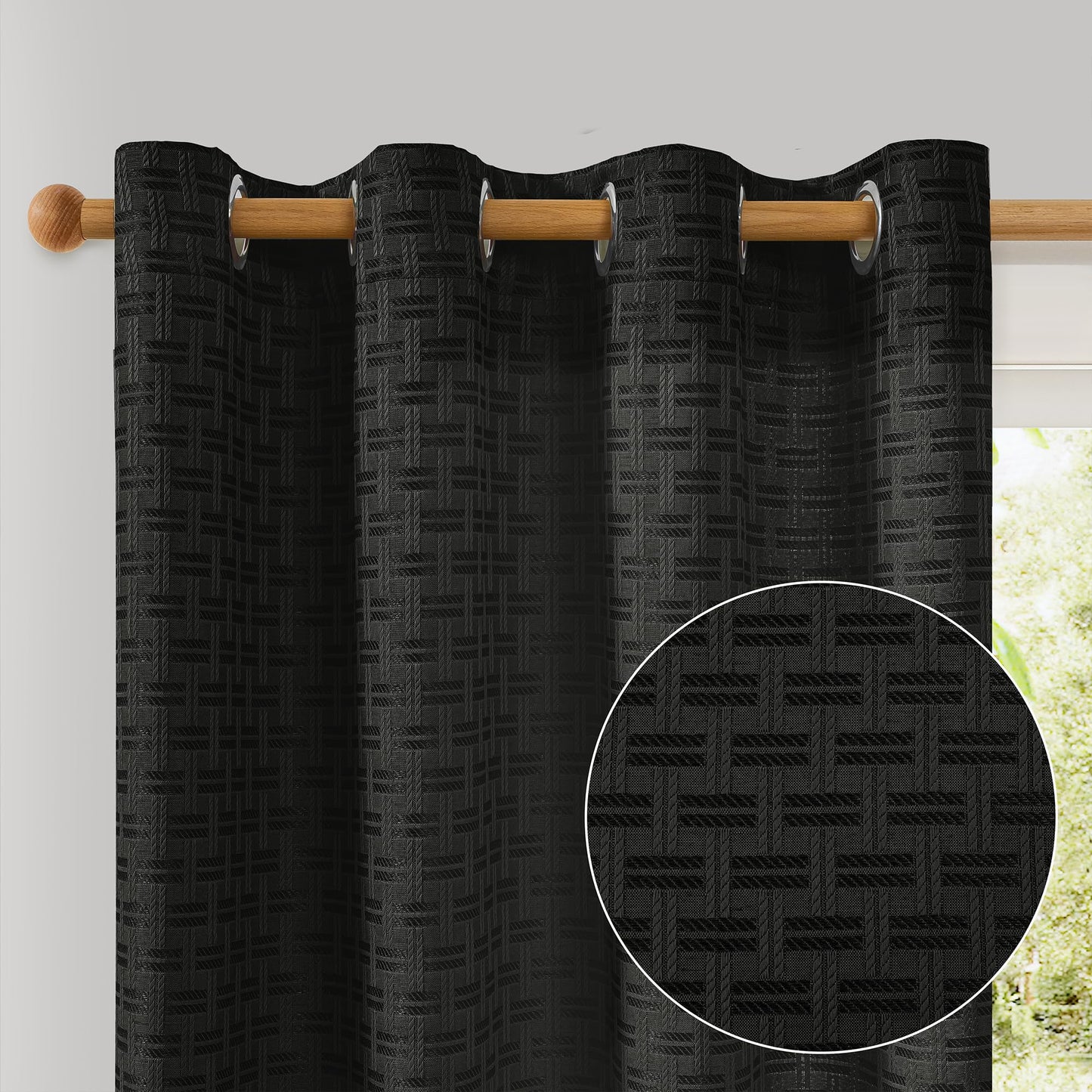 ChrisDowa Semi Sheer Linen Black Curtains 84 Inches Long 2 Panels for Living Room Dining Room Plaid Patterned Light Filtering Voile Grommet Window Treatments Drapes Privacy Assured,52X84