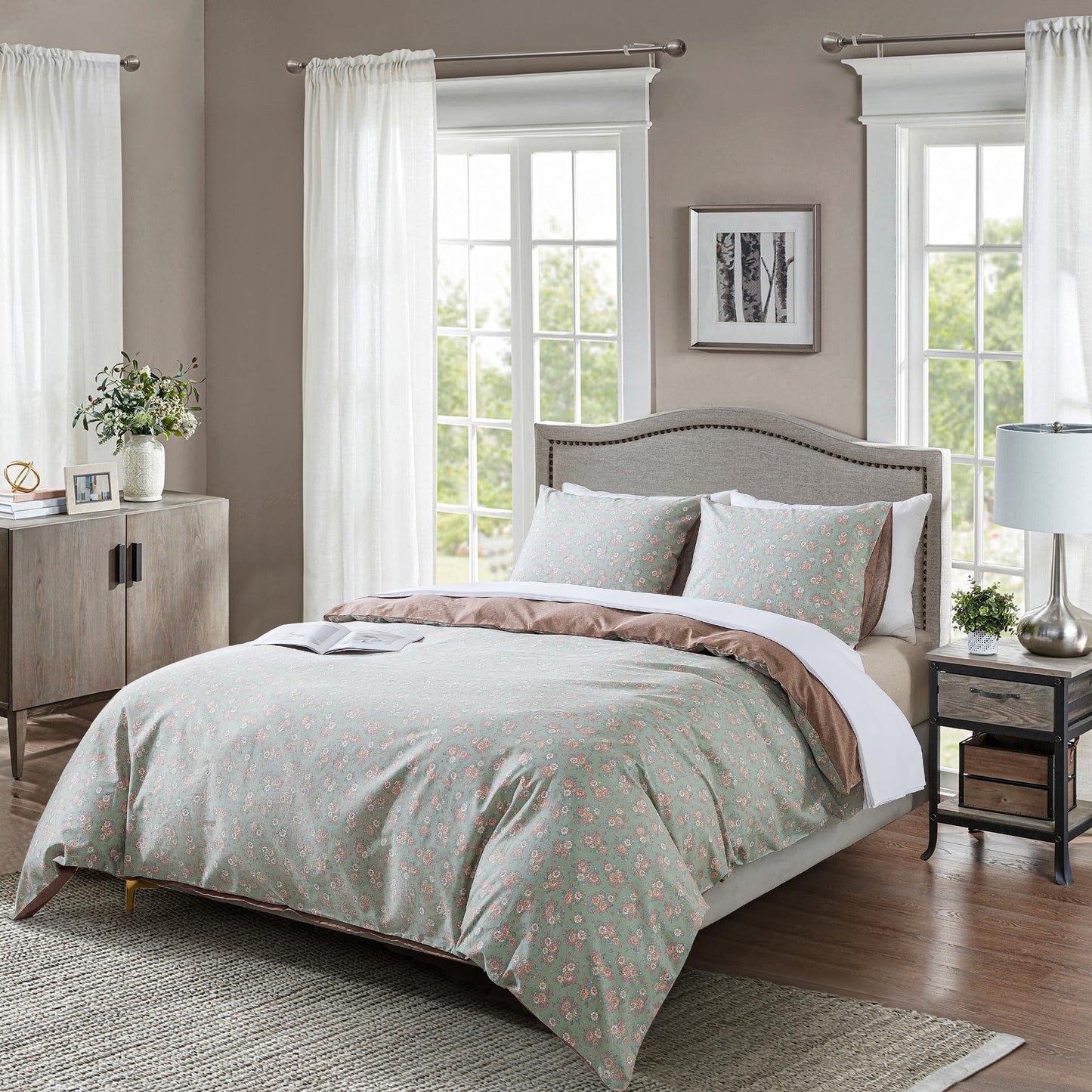HoneiLife Wildflower Duvet Cover King - 100% Cotton Comforter Cover Sets, Floral Duvet Cover Sets, Botanical Bedlinen Set with Zipper Closure & Corner Ties