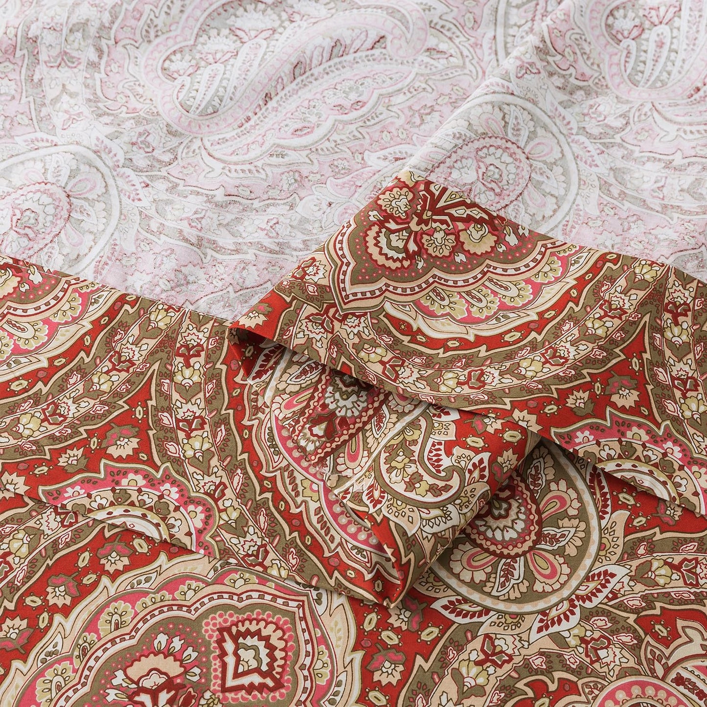 Zusbest Queen Size Bed Sheet Set 100% Cotton Burgundy Red Paisley Patterned Sheets Luxury Soft Breathable Crispy Cooling Percale Boho Bed Set Deep Pocket 17.5 Inches, 4 Pieces